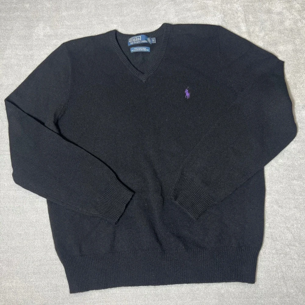 Polo Ralph Lauren Mens V-Neck Sweater Black 100% Lambswool Purple Pony Large EUC